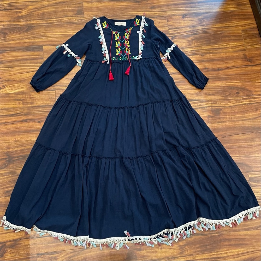 Secret Language navy embroidered tassel dress maxi medium - Picture 1 of 5